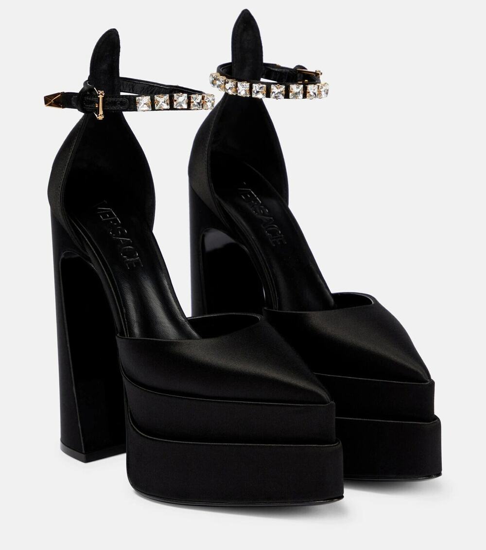 Versace Aevitas Pointy Satin Ankle Strap Platform Pumps Black Women's EU 38.5